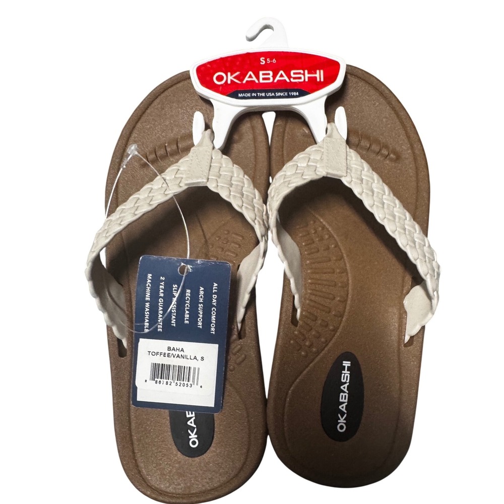Okabashi Baha Flip Flop NWT Womens S 5-6 Toffee Vanilla Braided Made in USA